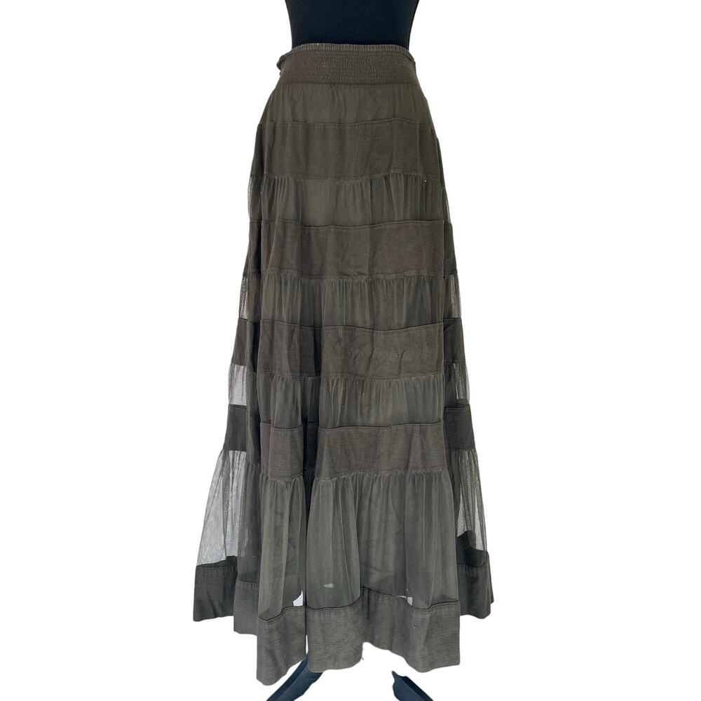 Anthropologie Odille Olive Green Tiered Mesh Maxi Skirt boho fairy whimsigoth 8